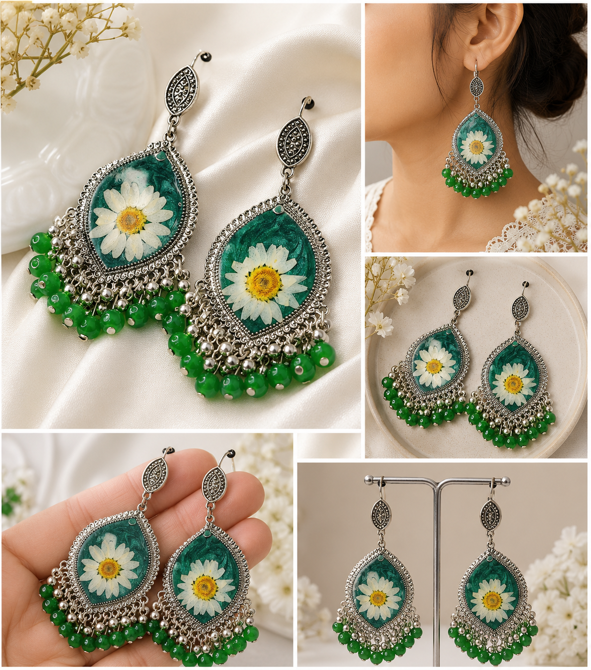 Green Floral Resin Jhumka Earrings with Silver Base & Tassels