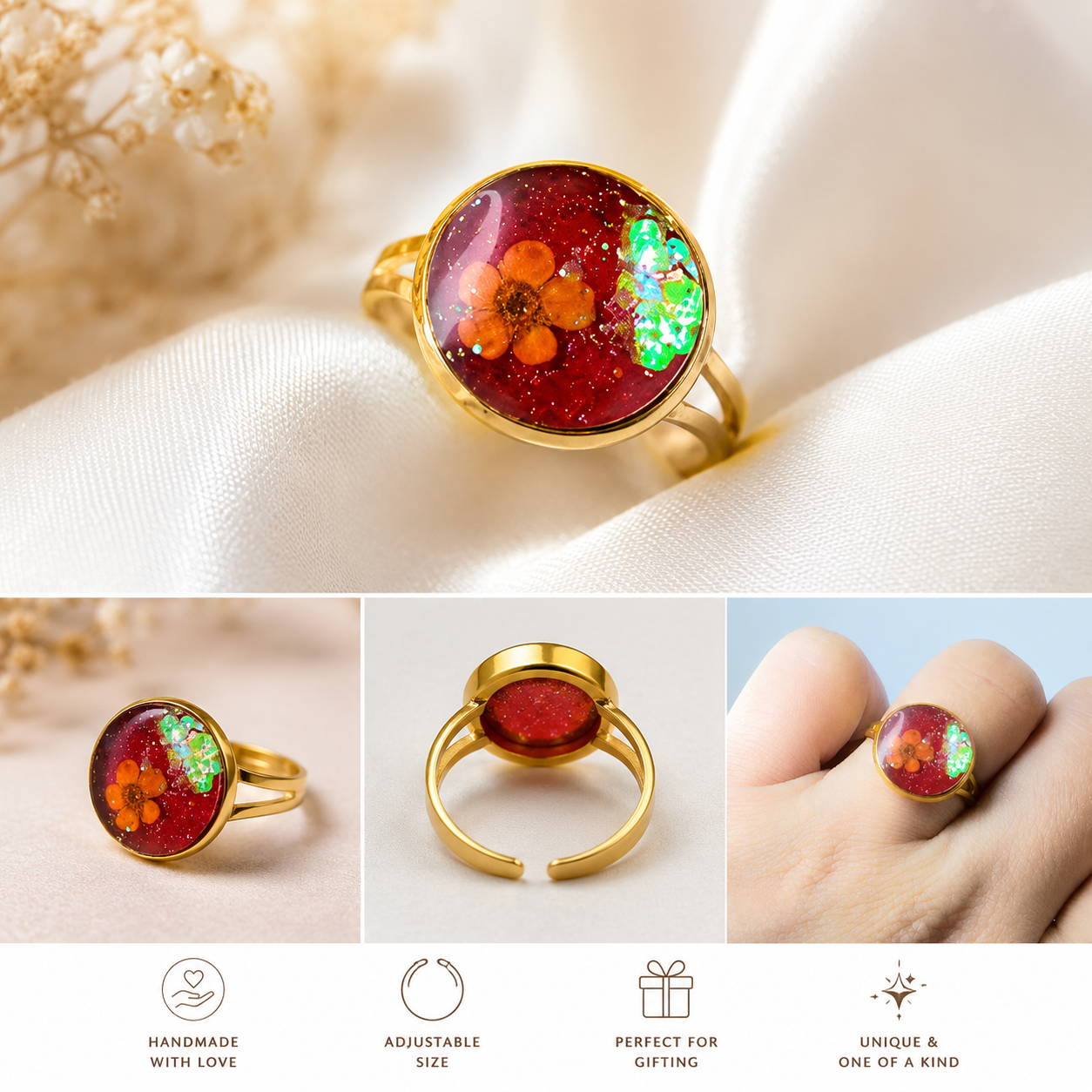 Gold Base Heart-Shaped Mehroon Resin Ring with Gold Flakes – Handmade Adjustable Artisan Ring