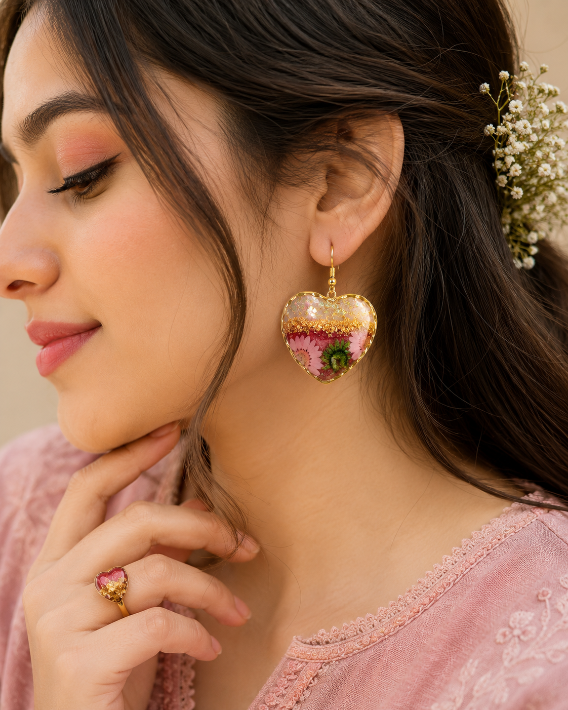 Gold Base Mehroon Resin Earrings & Ring Set with Yellow Desi Flower & Gold Flakes – Signature Artisan Design