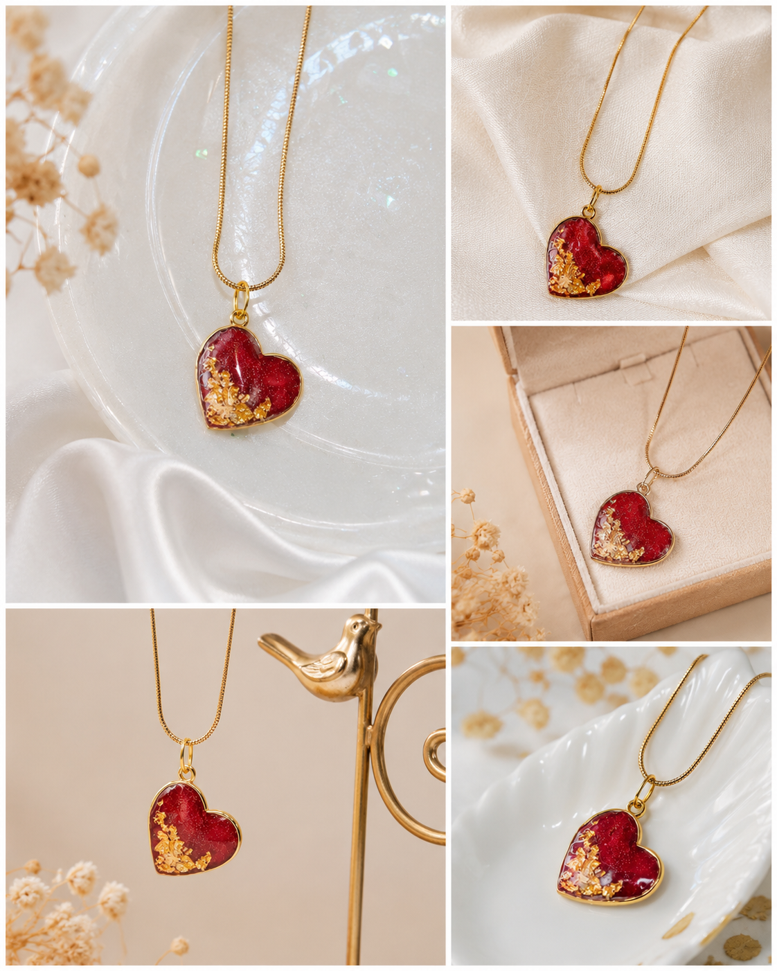 Red & Gold Heart Resin Pendant Necklace ✨