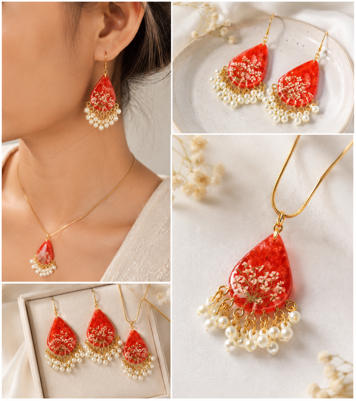 Red & Gold Floral Resin Jewelry Set ✨