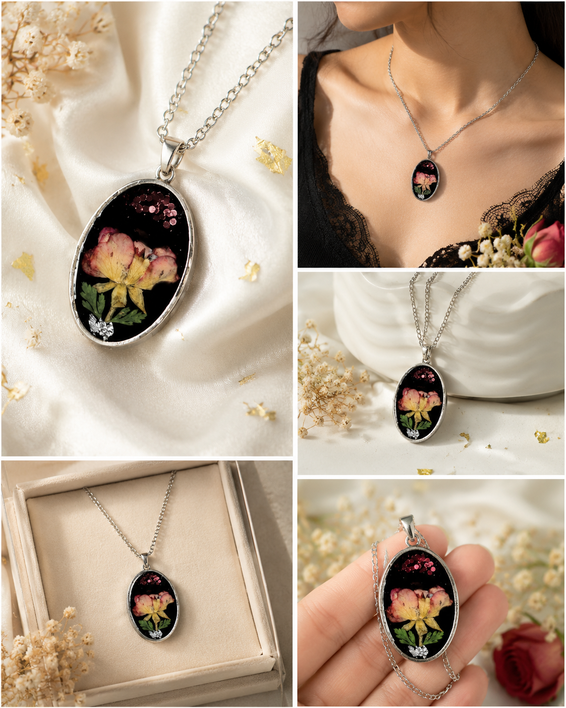 Black & Silver Rose Resin Pendant 🌹