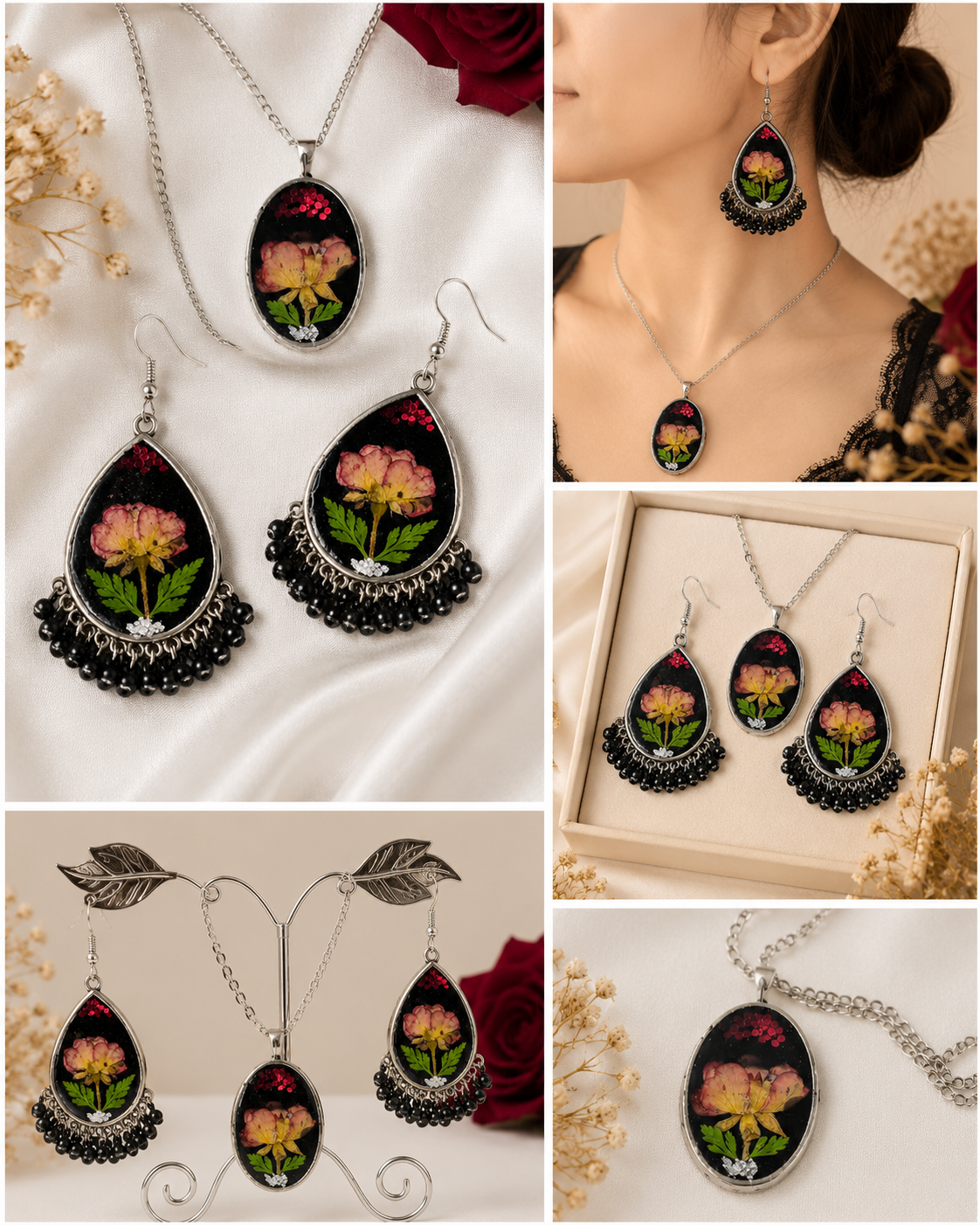 Black & Silver Resin Jewelry Set with Pink Roses & Tassels
