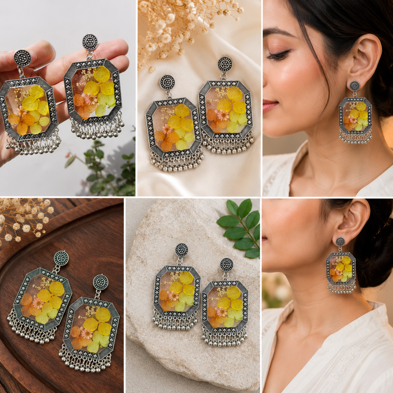 Handcrafted Resin Hydrangea Silver Earrings