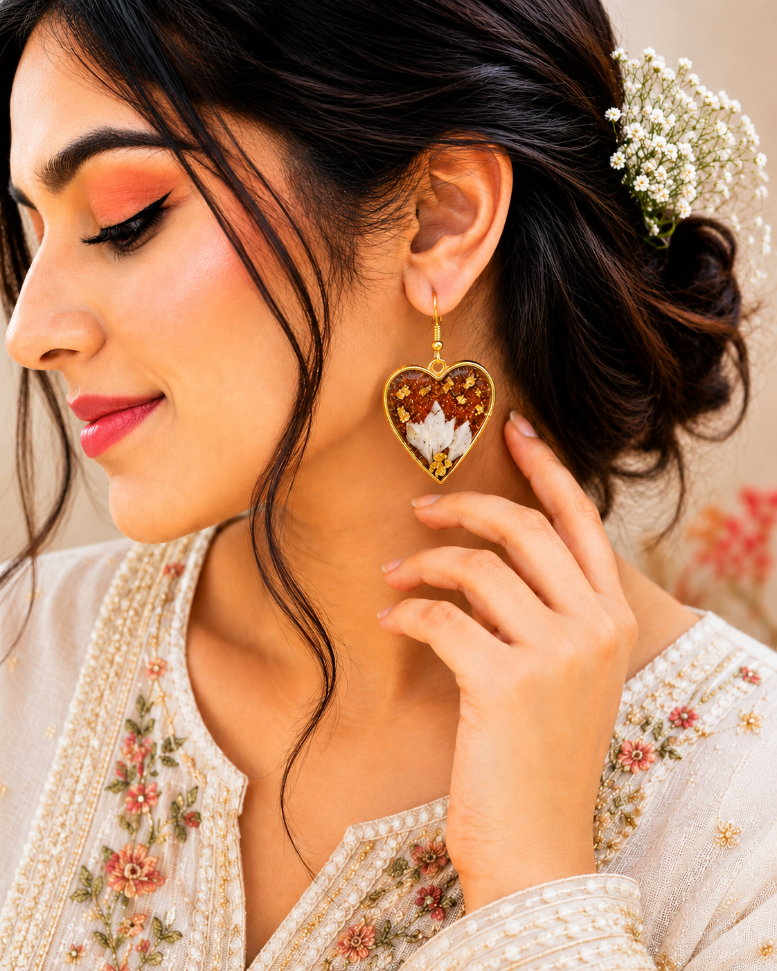 Red & Gold Resin Earrings with White Safoora & Gold Flakes – Elegant Artisan Design