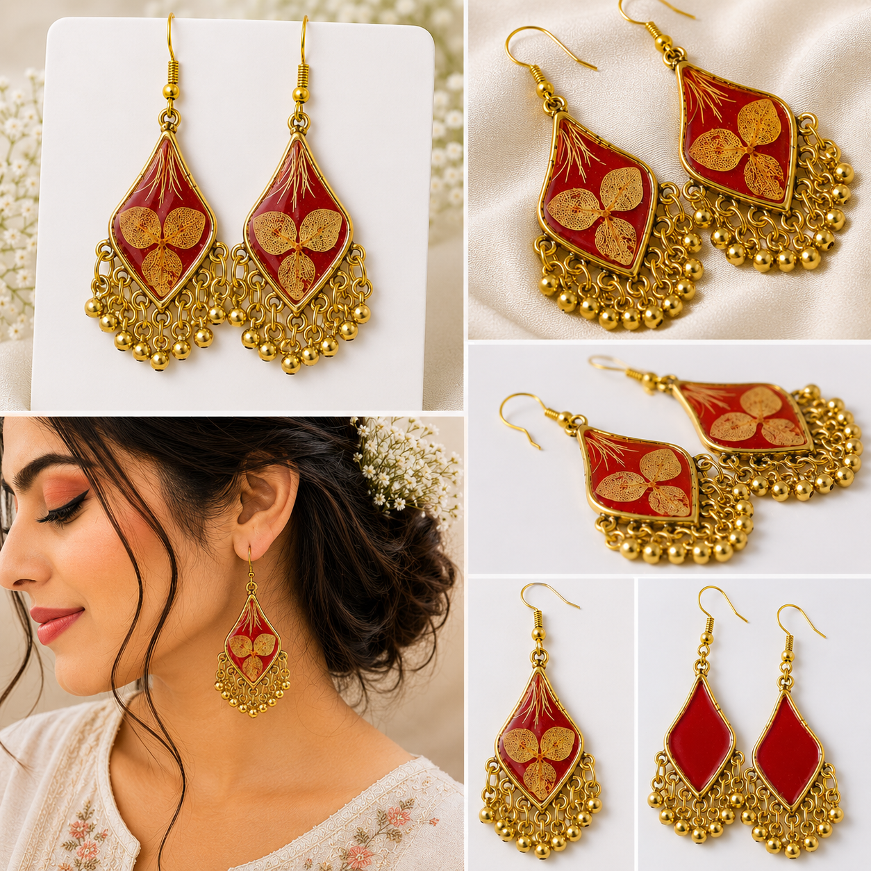 Gold & Black Resin Earrings with Peach Hydrangea & Gold Hangings – Signature Artisan Design