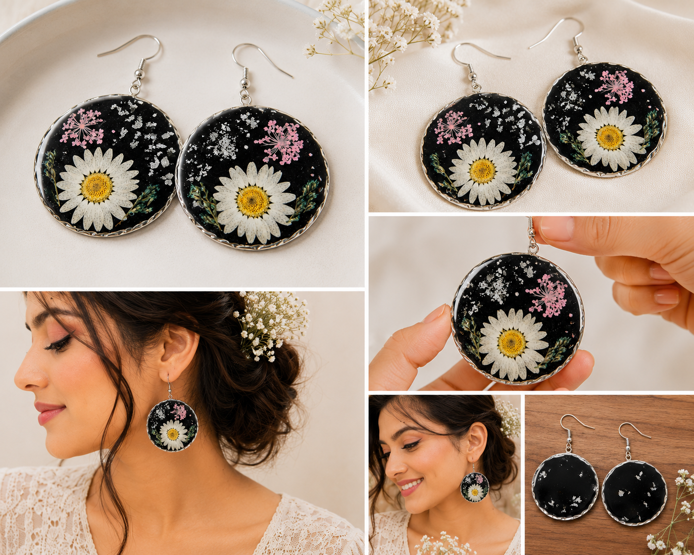 Round Silver & Black Resin Earring Set with Pink Anales, White-Yellow Desi Flowers & Silver Flakes – Signature Design
