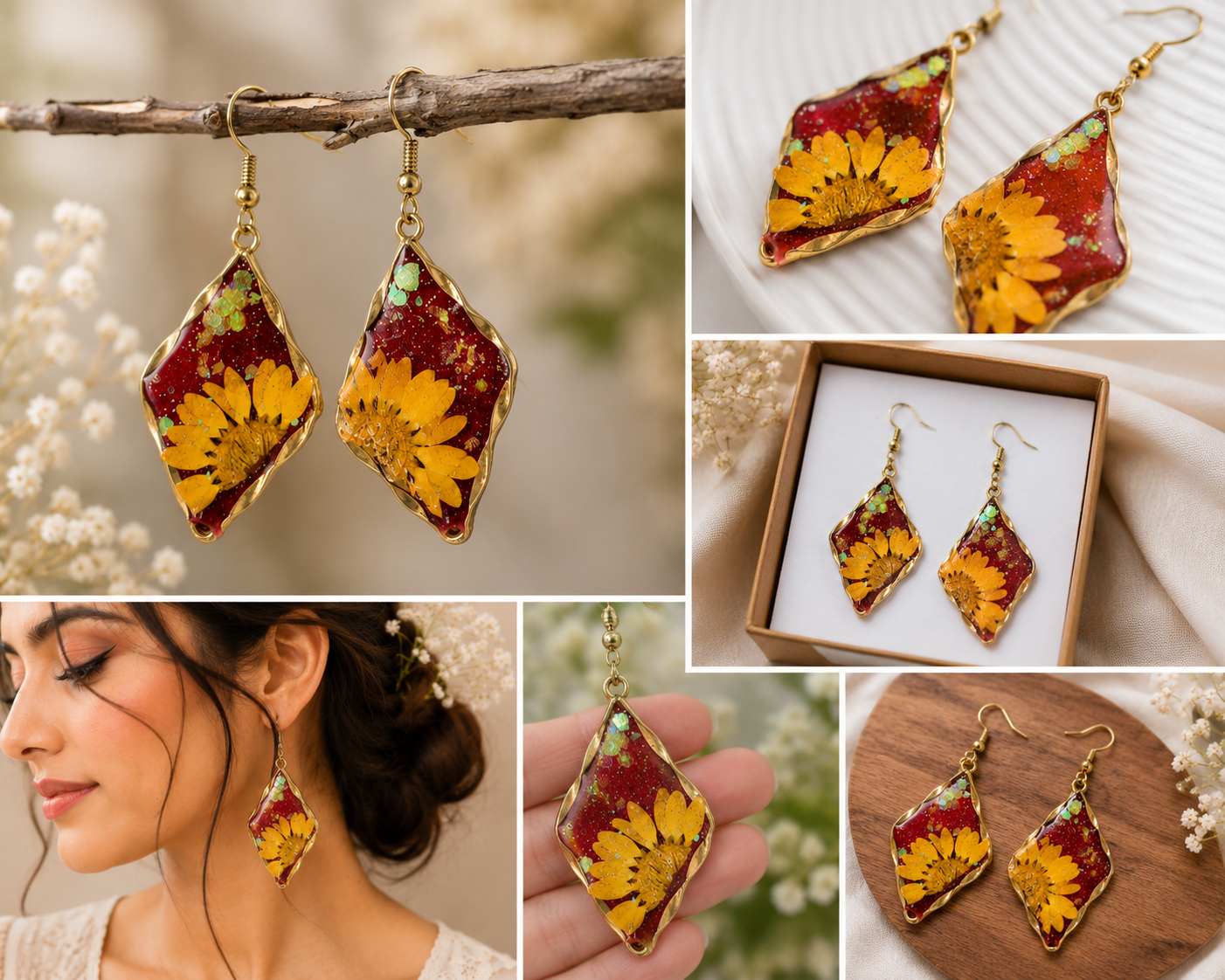 Gold & Red Resin Jewelry Set with Holographic Yellow Desi Flower – Signature Artisan Design