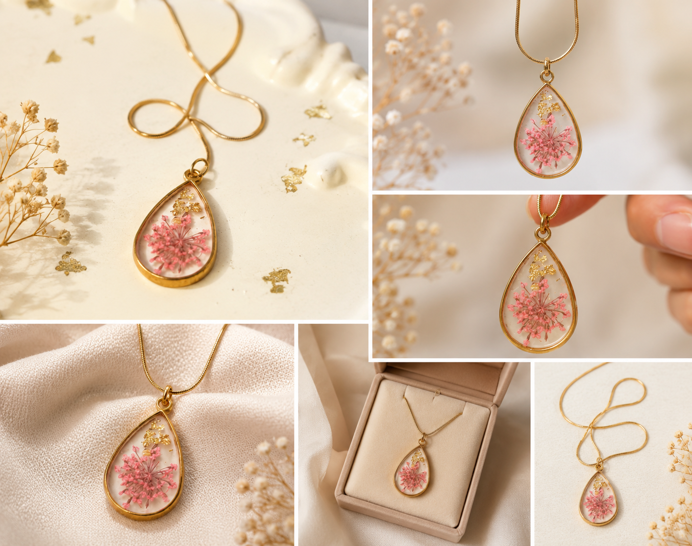 Gold Base Resin Pendant with Pink Anales Flower & Gold Chain – Elegant Artisan Design