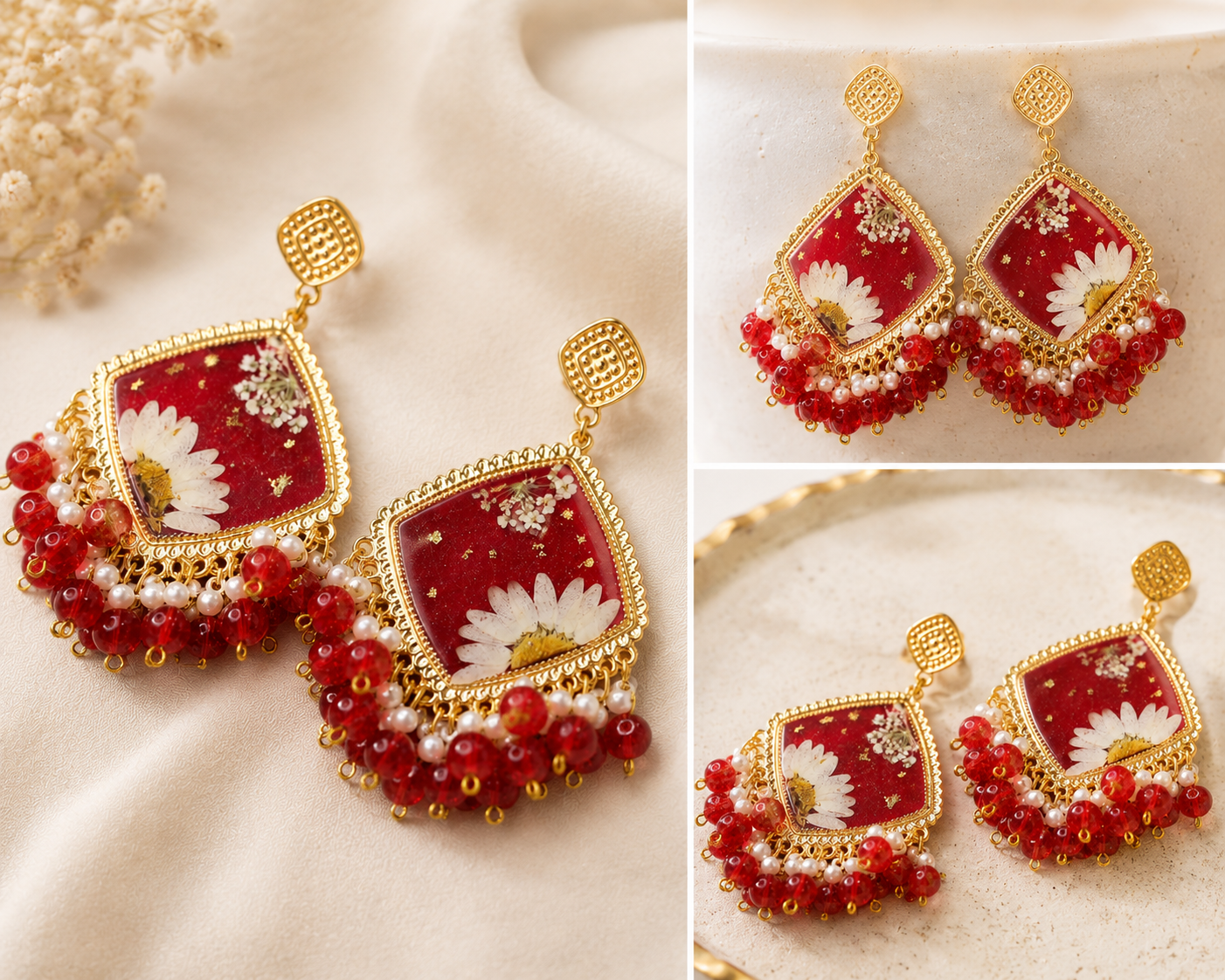 Gold Base Red Resin Jhumka Set with White Desi Flower & Gold Flake Highlights – Signature Design