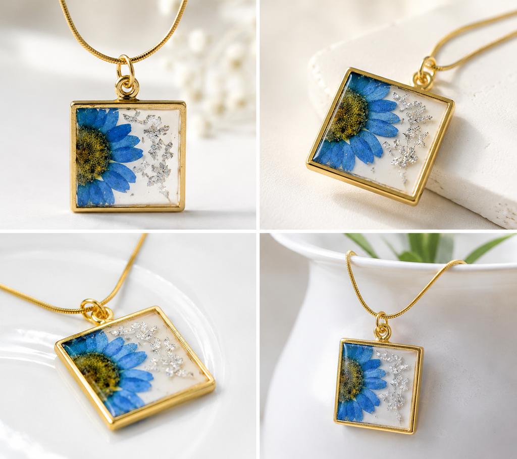Gold Base Pendant with Blue Desi Flower, Silver Flakes & Gold Chain – Artisan Elegance