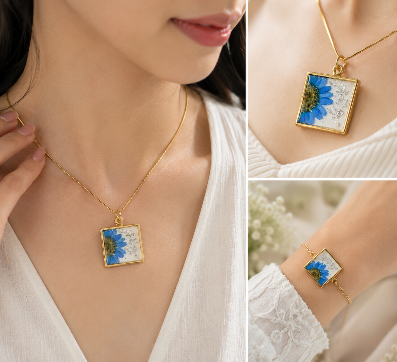 Gold Base Pendant with Blue Desi Flower, Silver Flakes & Gold Chain – Artisan Elegance