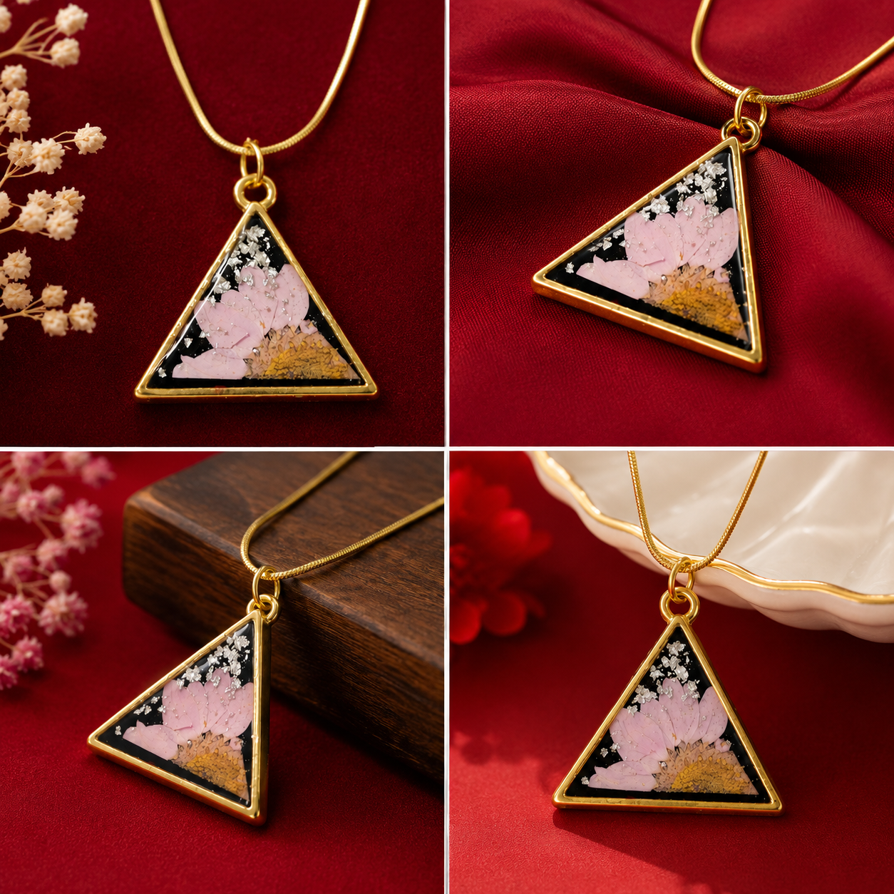 Golden-Blue Pendant with Purple Desi Flower, Silver Flakes & Gold Chain – Artisan Made