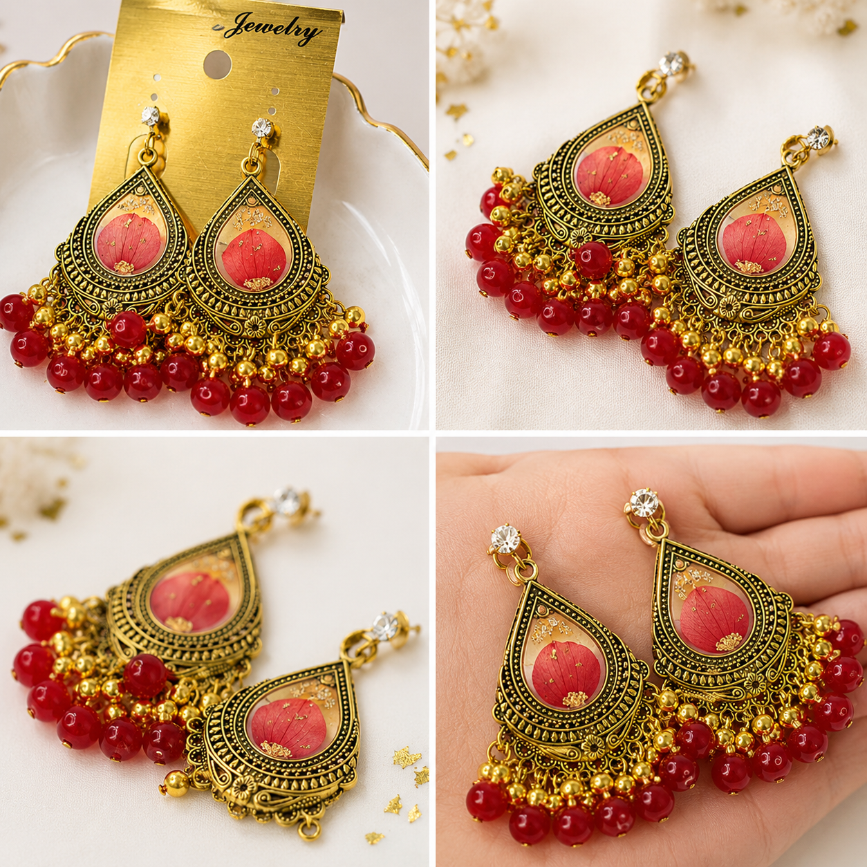 Gold Base Earring Set with Red Safoora & Red-Gold Dangling Charms, Handcrafted Elegance