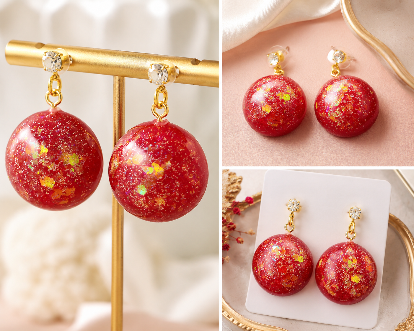 Handcrafted Red & Gold Resin Earring Set with White Stone Studs & Holographic Flakes