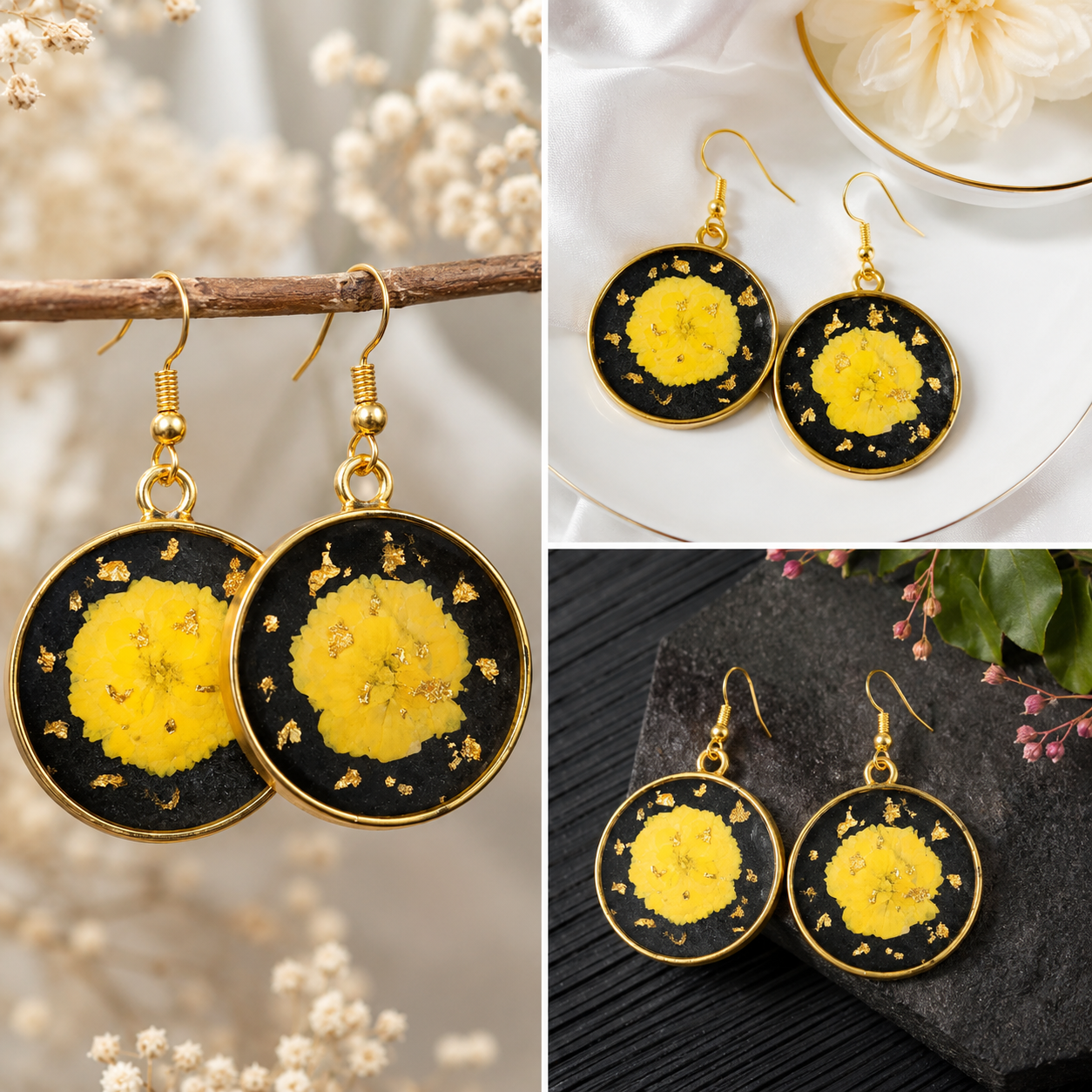 Handcrafted Black Resin Round Earrings with Yellow Flower & Gold Flakes