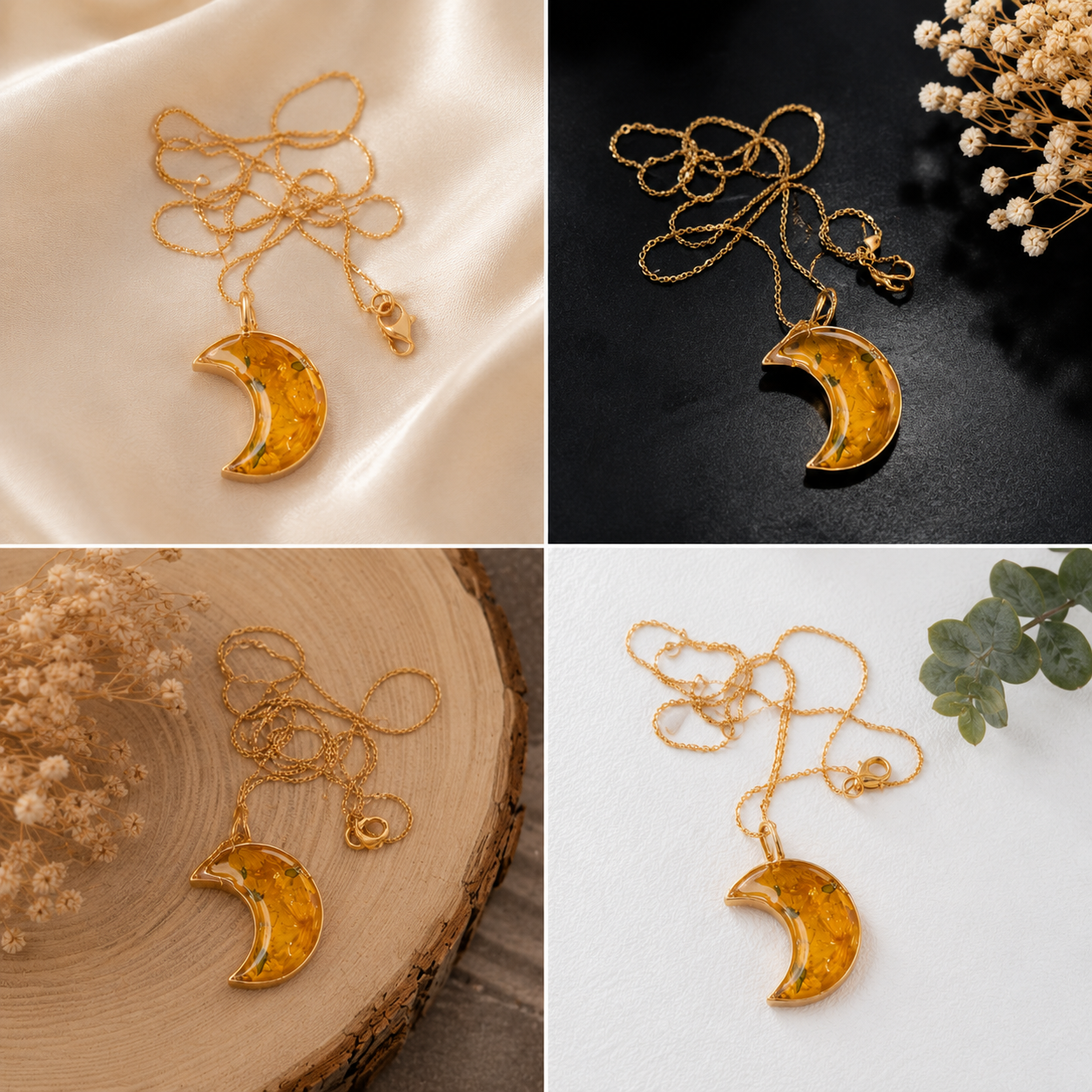 Handcrafted Crescent Moon Resin Pendant with Sunflower & Green Leaves