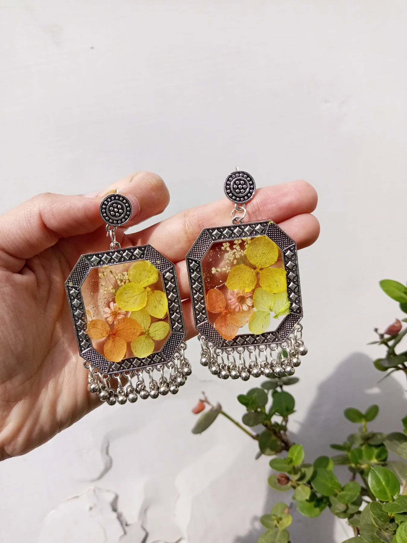 Handcrafted Resin Hydrangea Silver Earrings