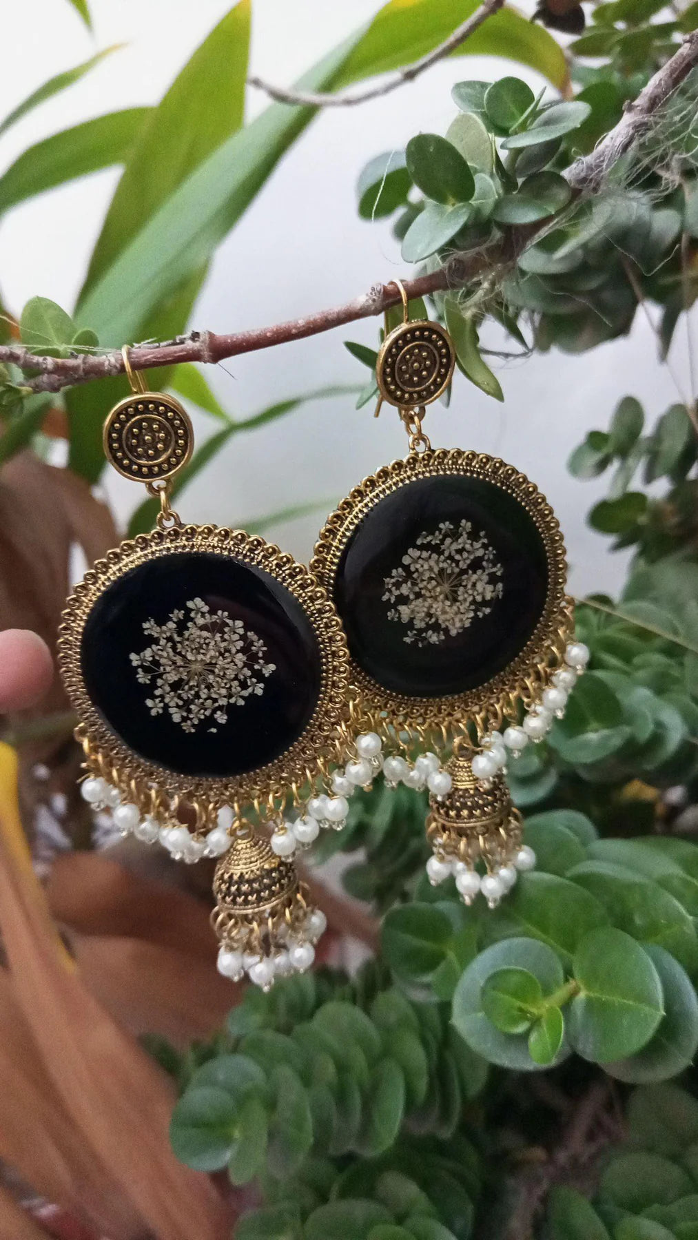 Black Resin Jhumkas with Real Dried Flowers & Petal Charms