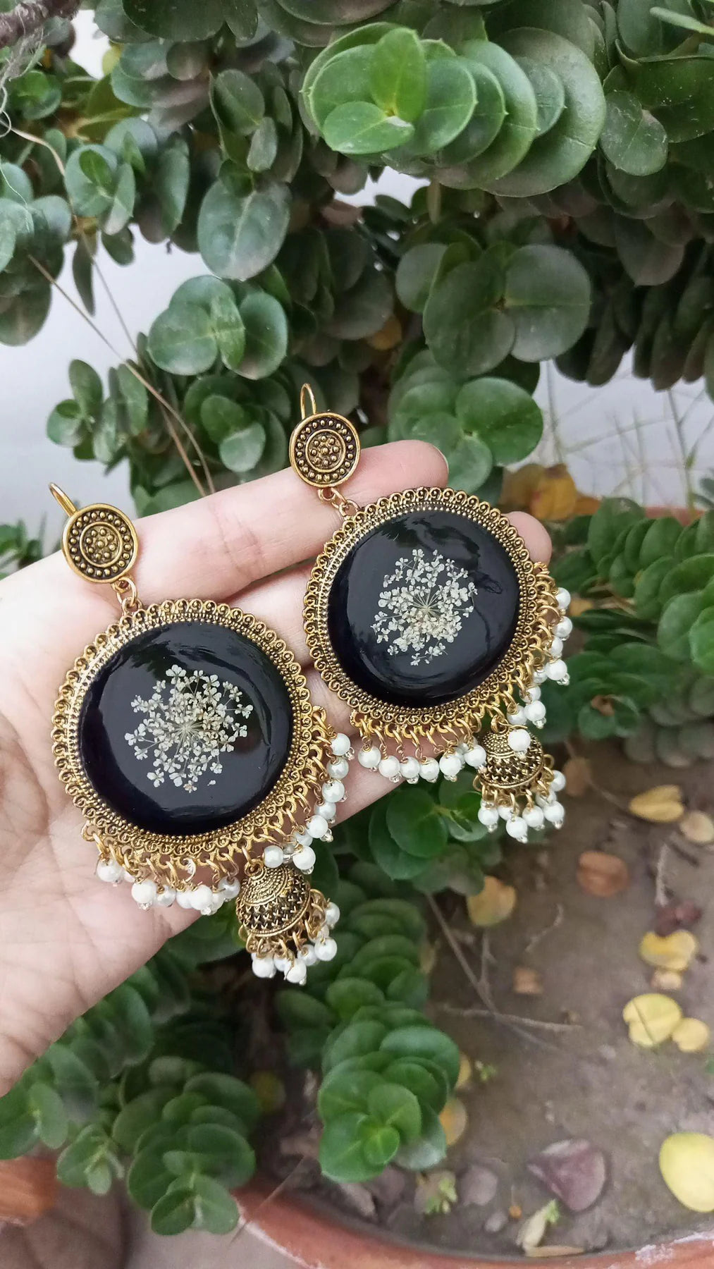 Black Resin Jhumkas with Real Dried Flowers & Petal Charms