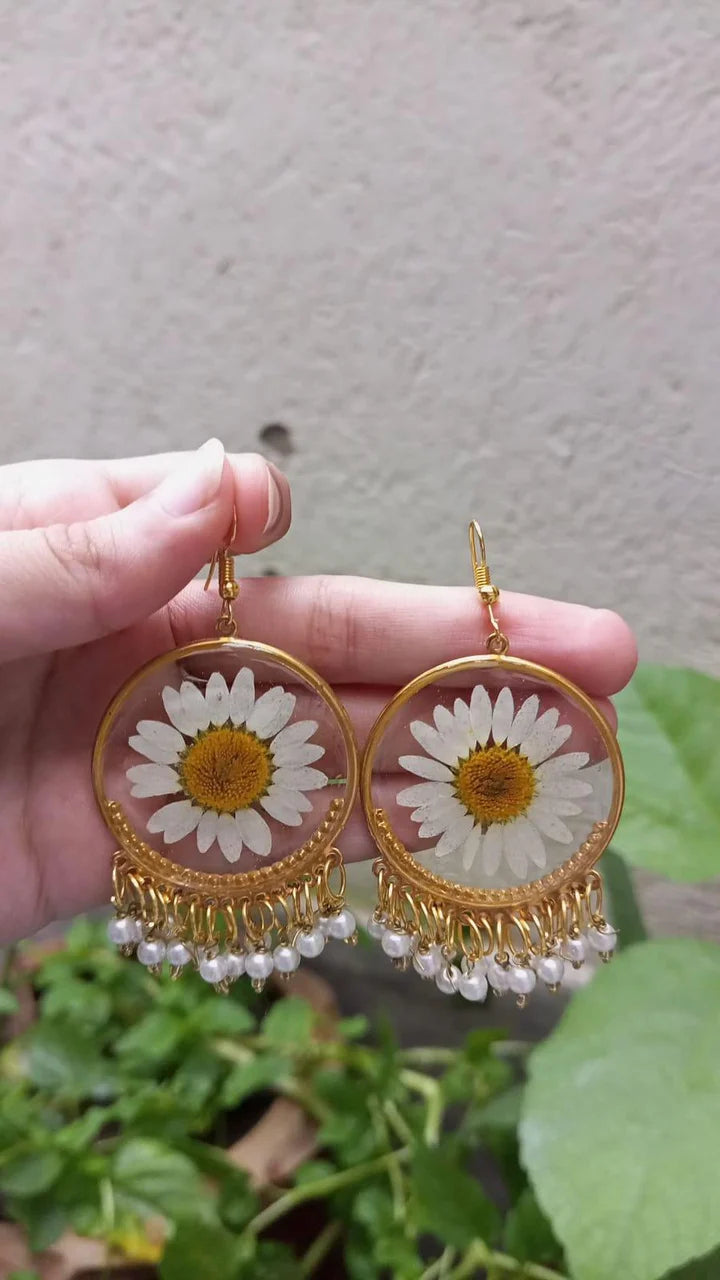 Handcrafted Resin Earrings with Real White Daisy Flowers