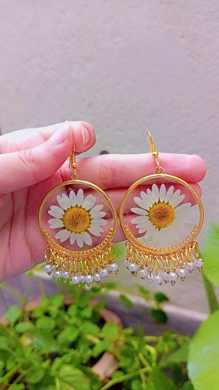 Handcrafted Resin Earrings with Real White Daisy Flowers