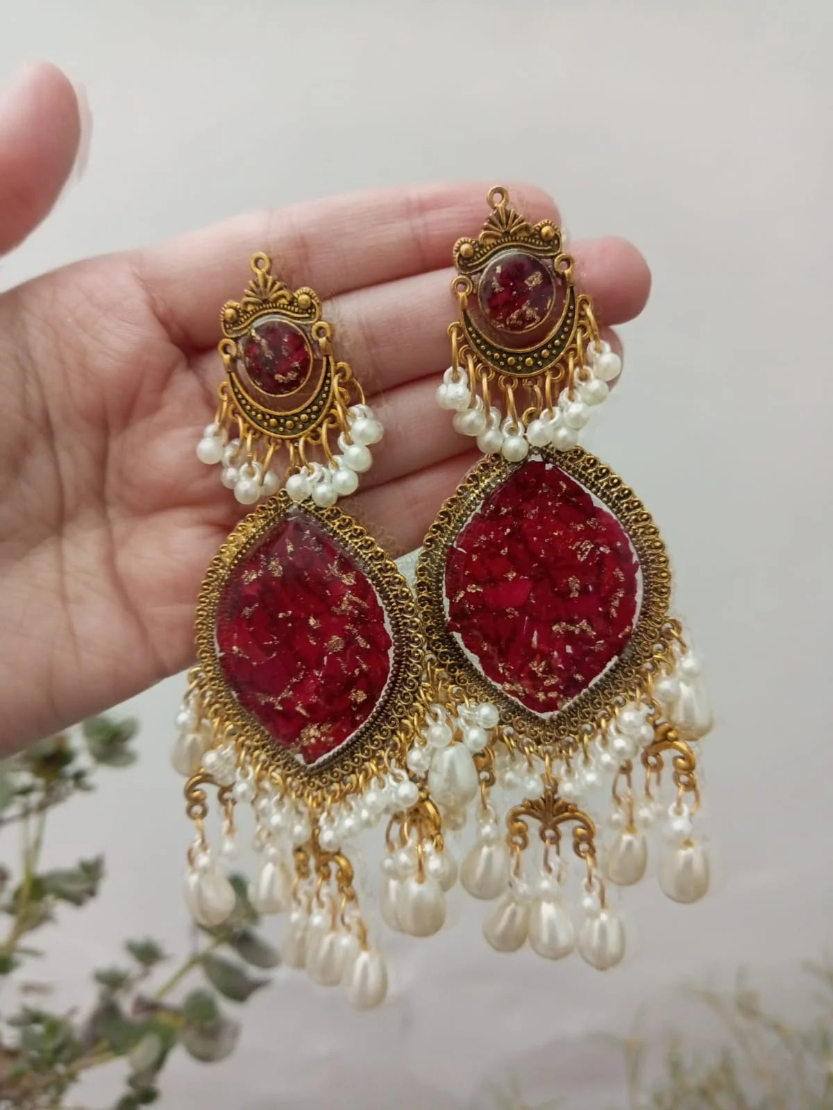 Handcrafted Rose Crush Flower Earrings with Golden Flakes &amp; Pearl Drops
