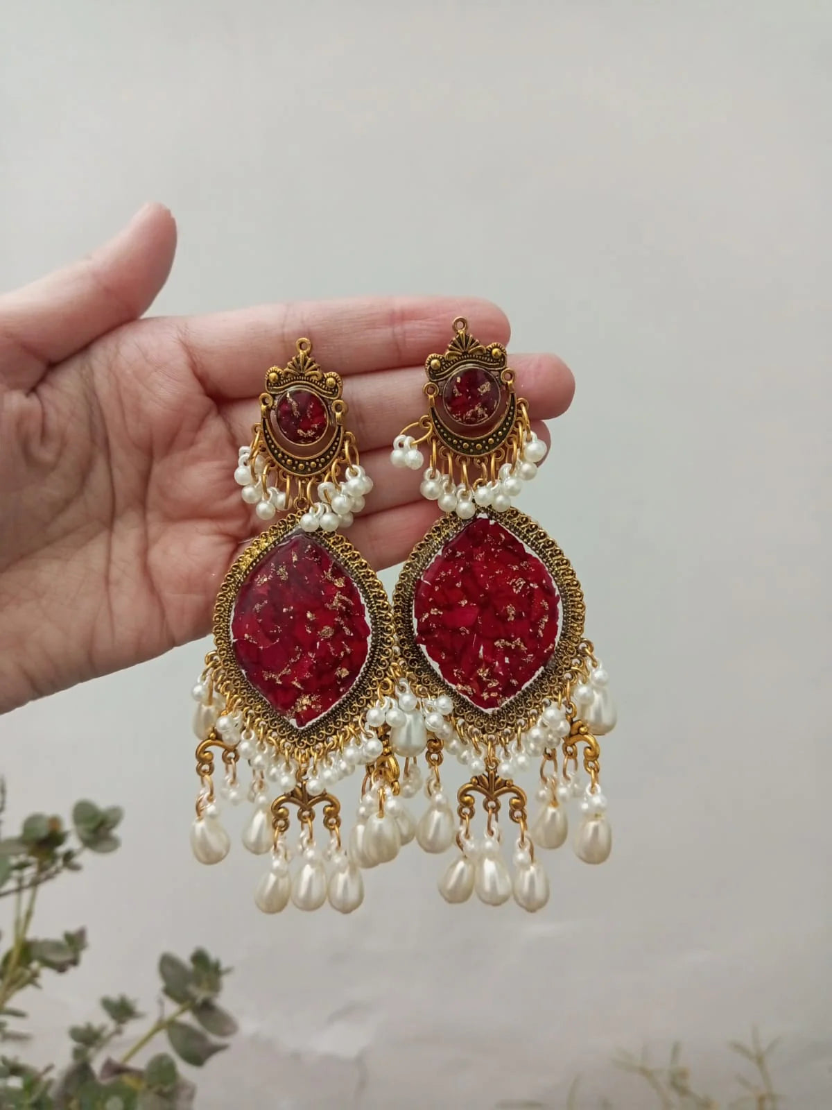 Handcrafted Rose Crush Flower Earrings with Golden Flakes &amp; Pearl Drops
