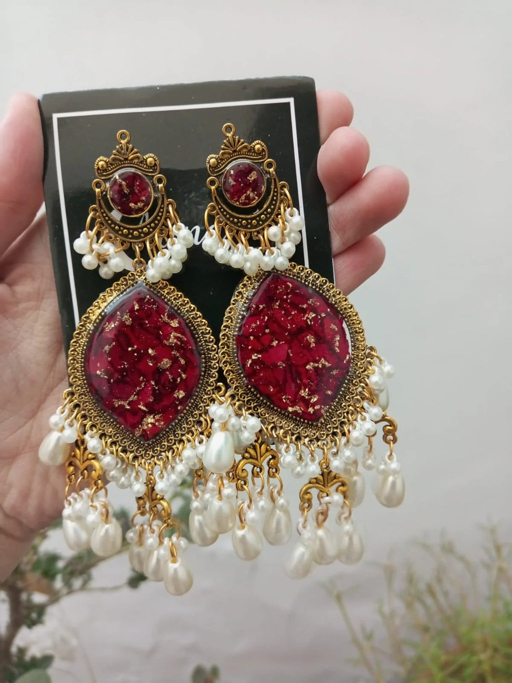 Handcrafted Rose Crush Flower Earrings with Golden Flakes &amp; Pearl Drops