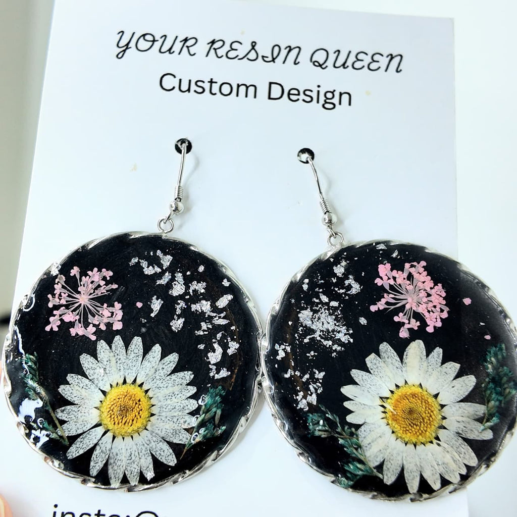 Round Silver & Black Resin Earring Set with Pink Anales, White-Yellow Desi Flowers & Silver Flakes – Signature Design