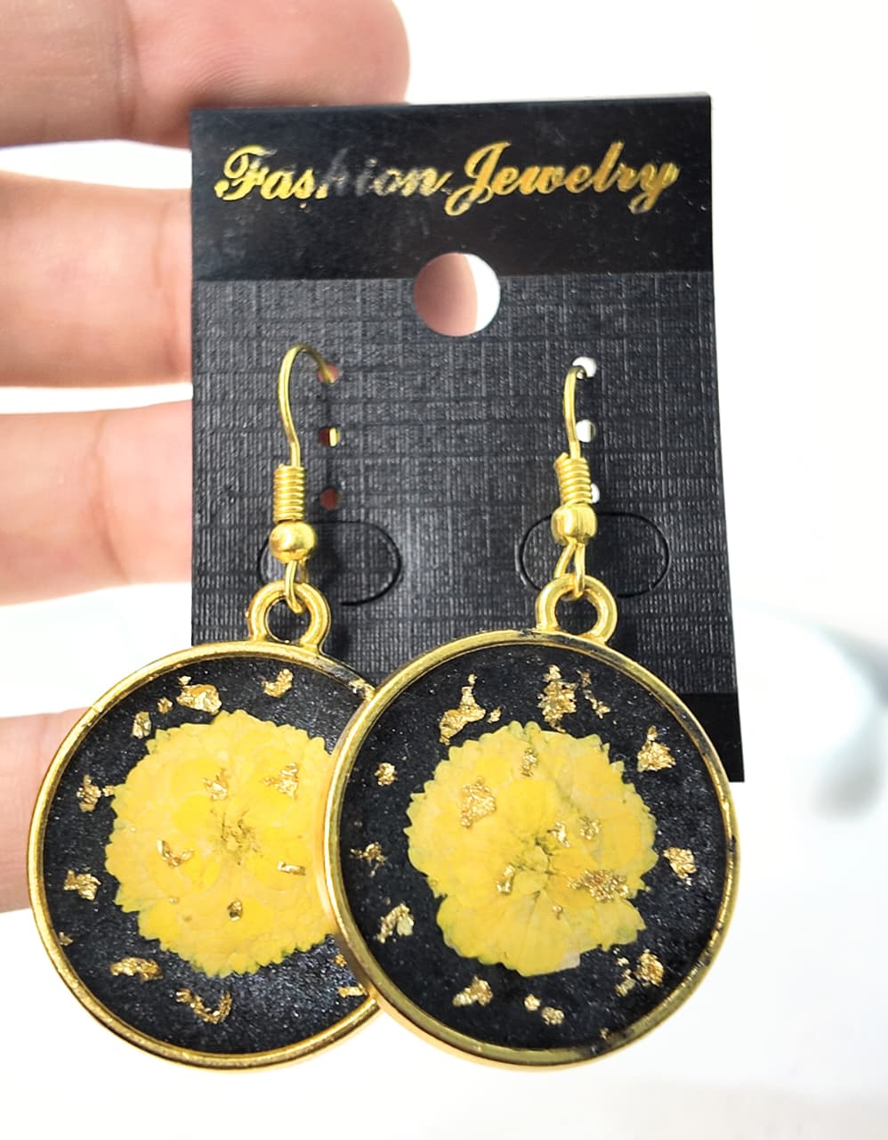 Handcrafted Black Resin Round Earrings with Yellow Flower & Gold Flakes