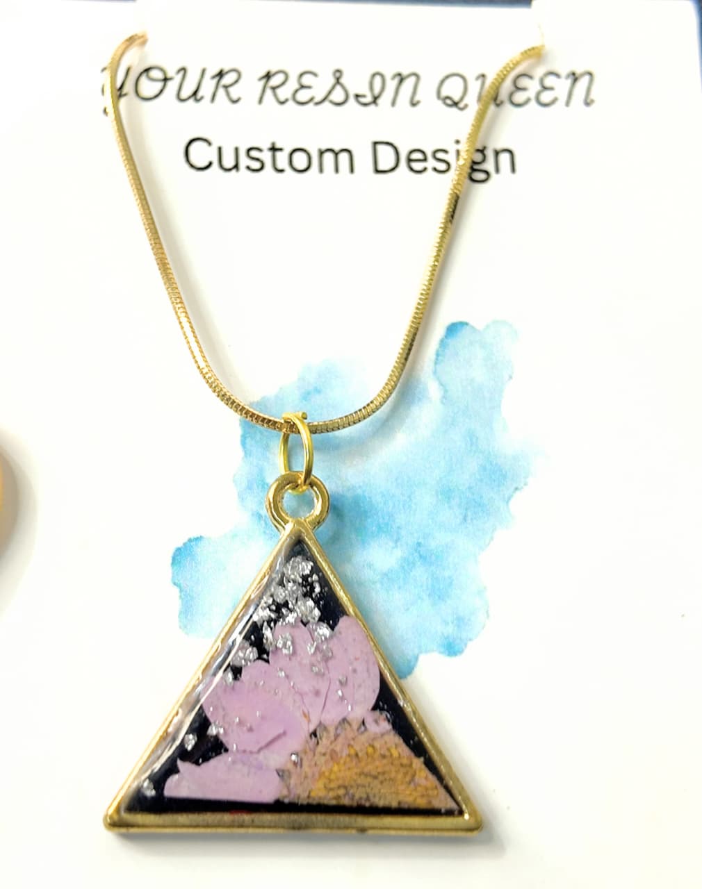 Golden-Blue Pendant with Purple Desi Flower, Silver Flakes & Gold Chain – Artisan Made