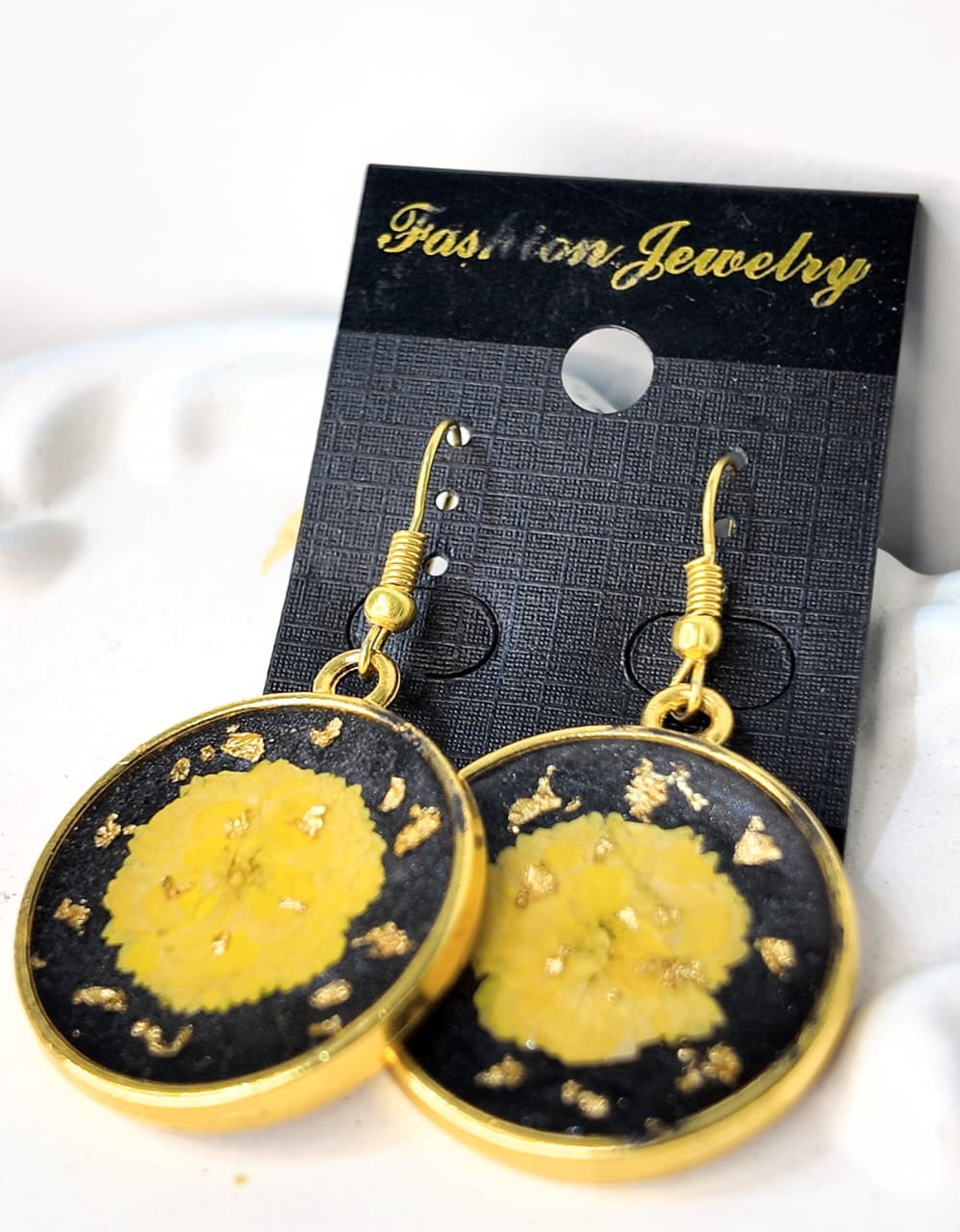 Handcrafted Black Resin Round Earrings with Yellow Flower & Gold Flakes