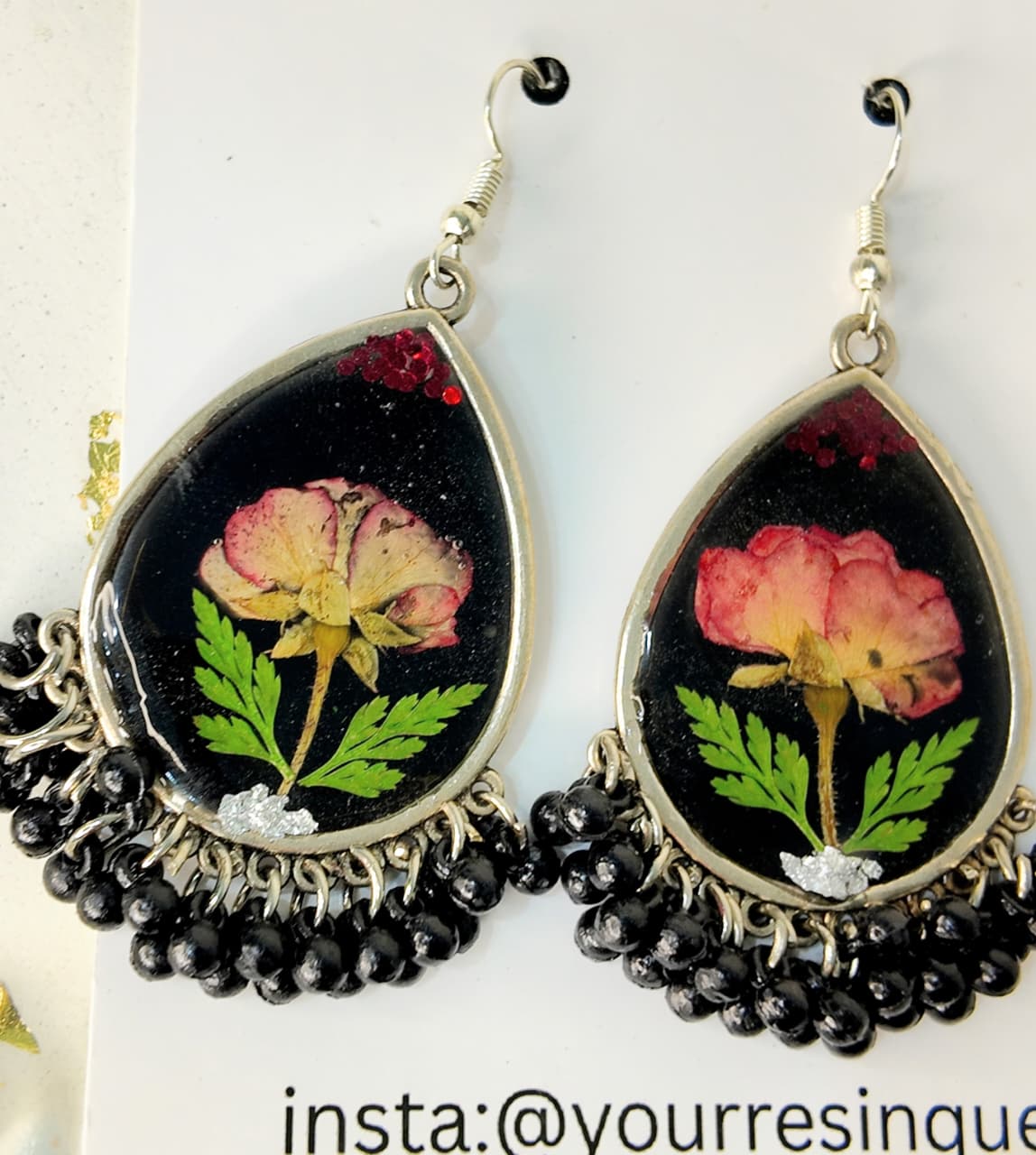 Silver & Black Resin Earrings with Pink Rose, Green Leaves & Black Hangings – Signature Artisan Design