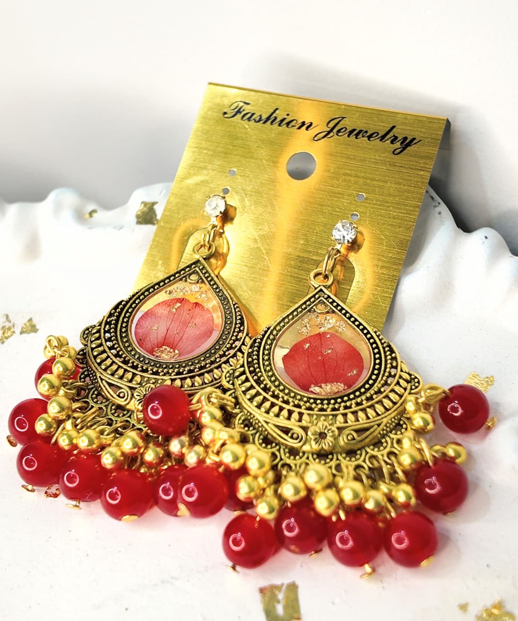 Gold Base Earring Set with Red Safoora & Red-Gold Dangling Charms, Handcrafted Elegance