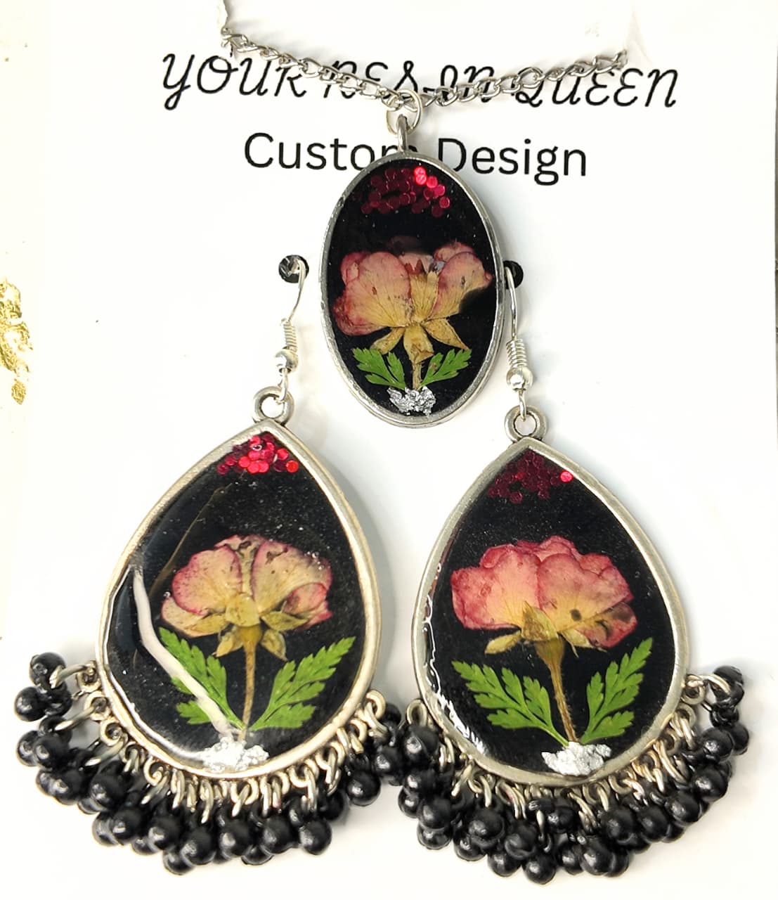 Silver & Black Resin Earrings and Pendant Set with Pink Roses, Green Leaves & Black Hangings – Signature Artisan Design