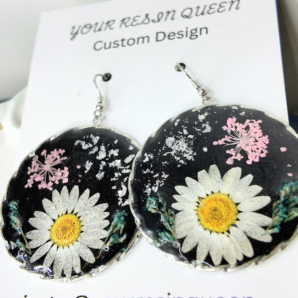Round Silver & Black Resin Earring Set with Pink Anales, White-Yellow Desi Flowers & Silver Flakes – Signature Design