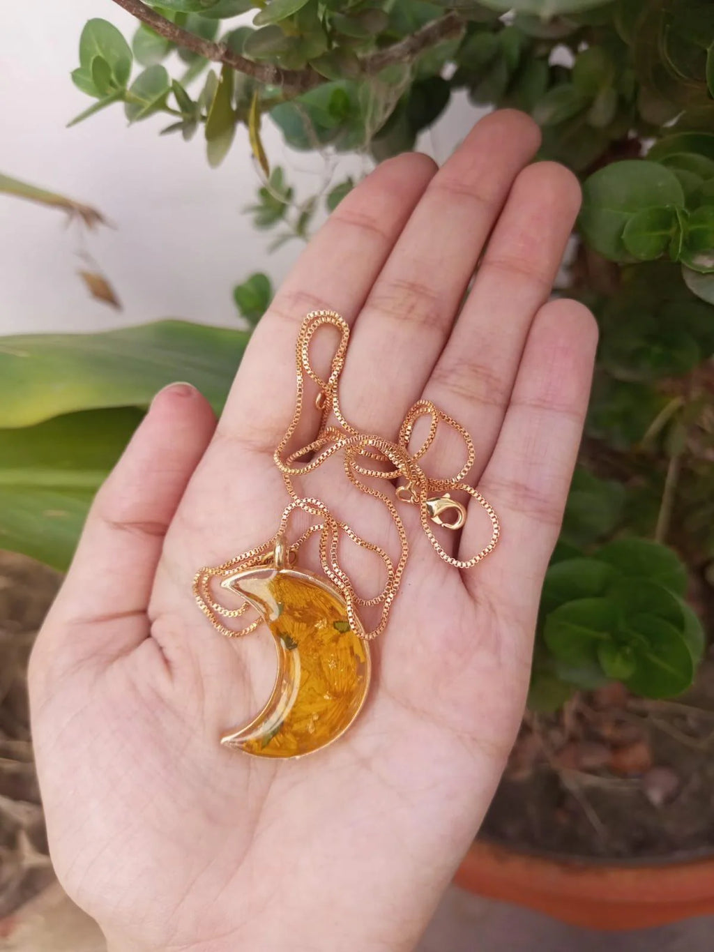Handcrafted Crescent Moon Resin Pendant with Sunflower & Green Leaves