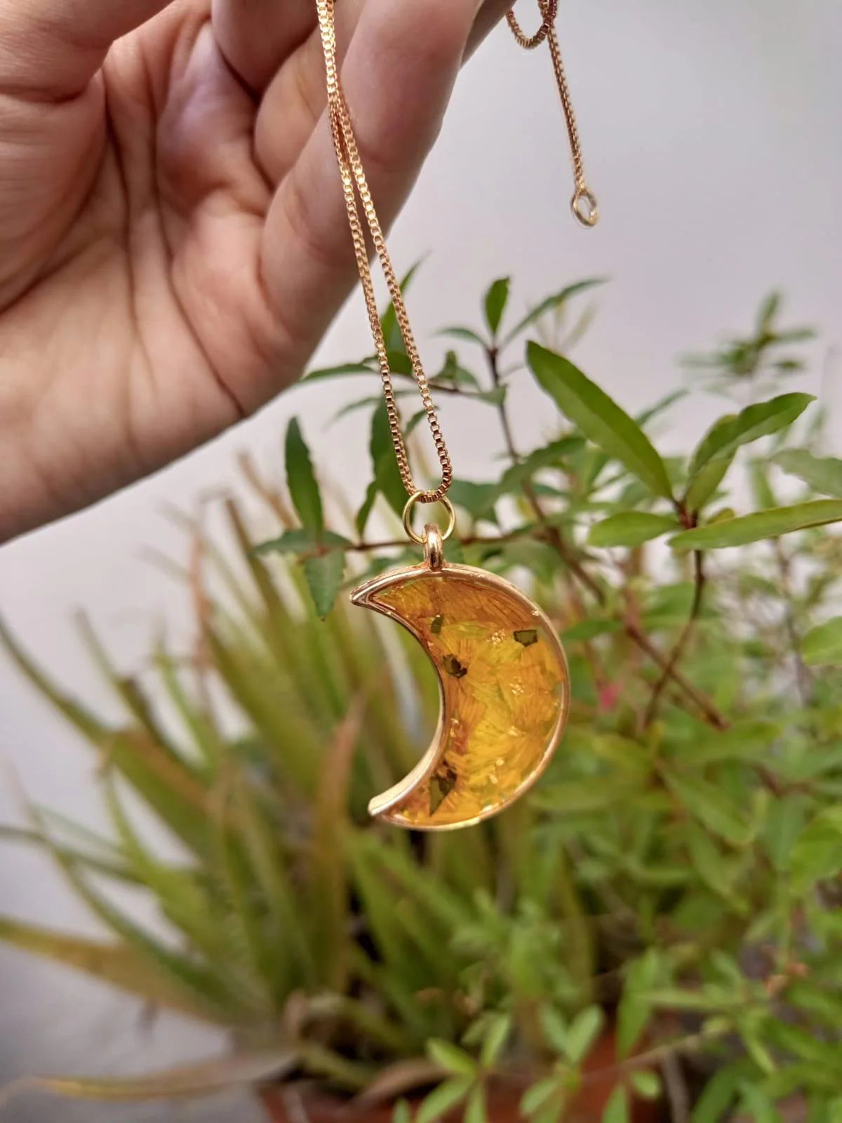 Handcrafted Crescent Moon Resin Pendant with Sunflower & Green Leaves