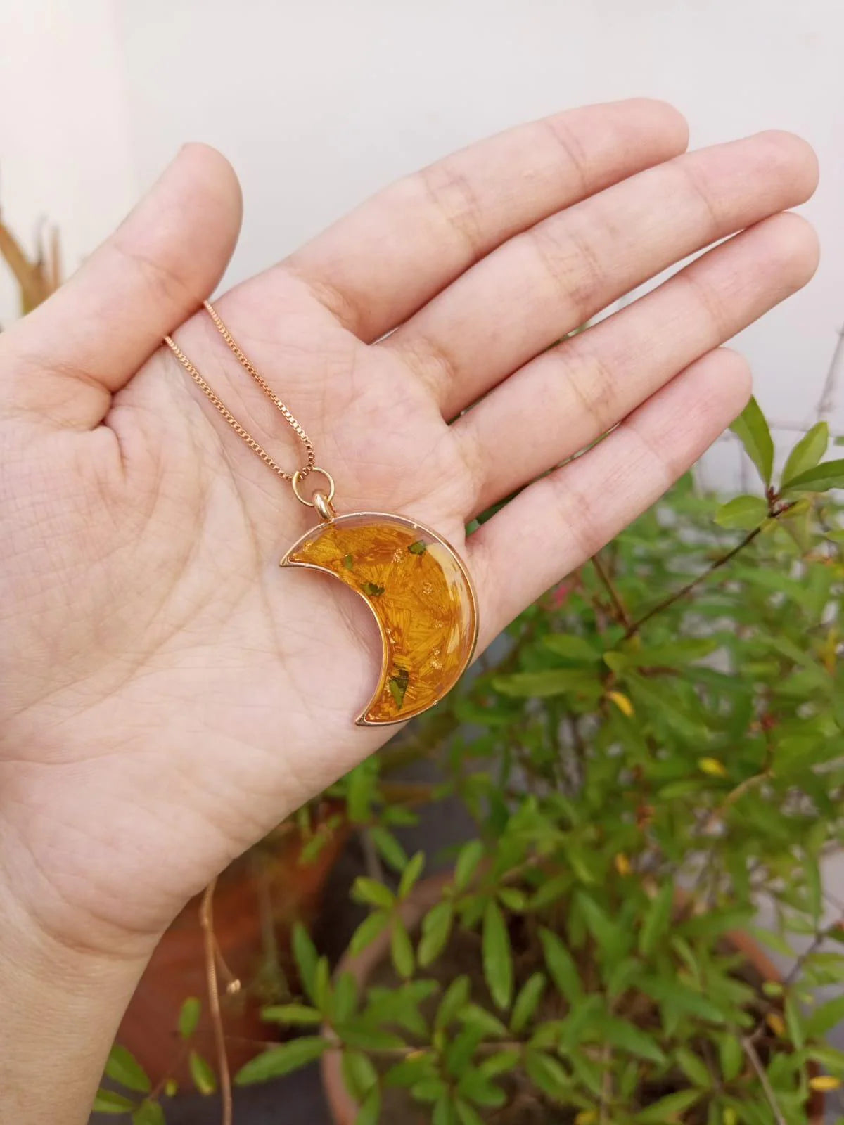 Handcrafted Crescent Moon Resin Pendant with Sunflower & Green Leaves