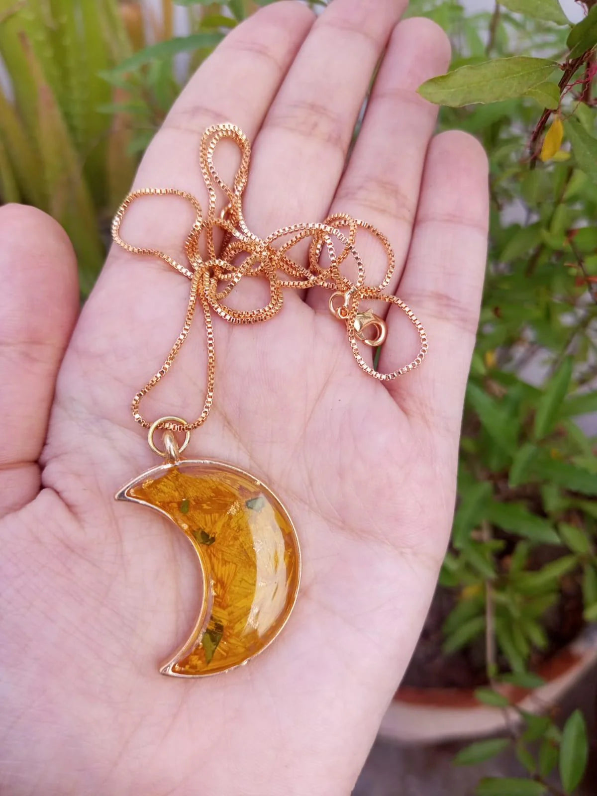 Handcrafted Crescent Moon Resin Pendant with Sunflower & Green Leaves